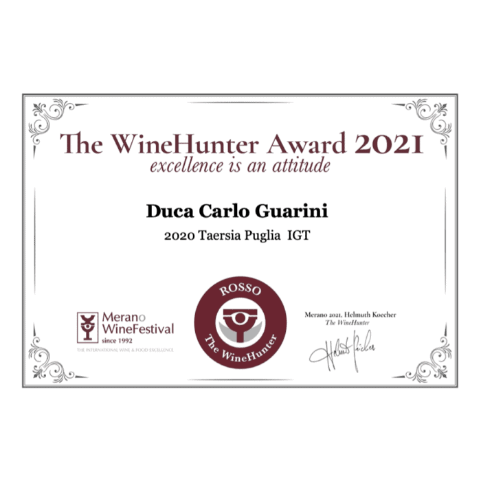 Taersia negroamaro bianco  Winehunter Award 2021