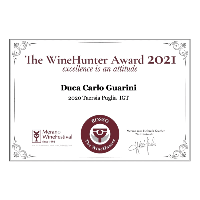 Taersia negroamaro bianco Winehunter Award 2021