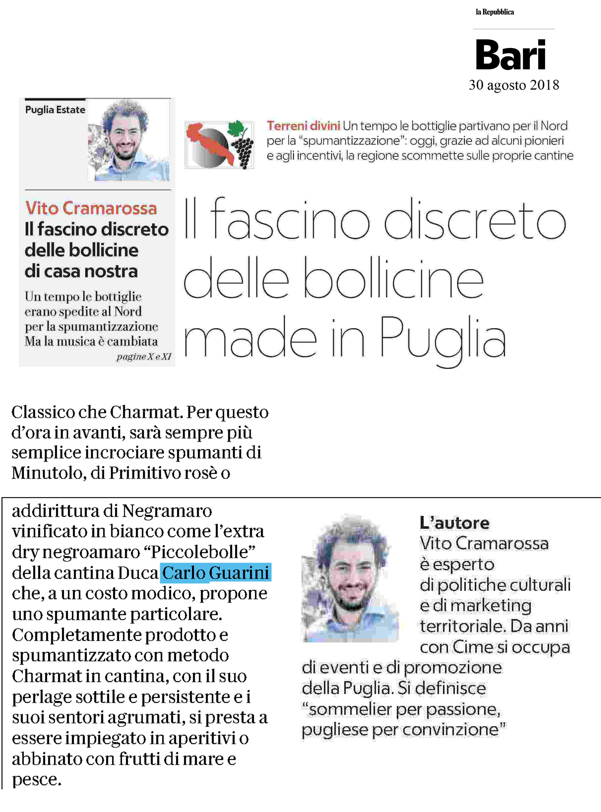 La repubblica bari articolo guarini cantina piccolebolle